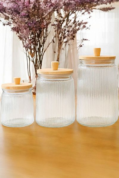 Sezka Life 3 Size Bamboo Lid Vacuum Striped Glass Jar Spice Set (500-750-1000 ml)