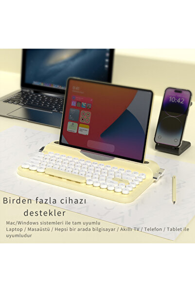 Coverzone Retro Daktilo Klavye Bluetooth & 2.4G, Standlı, Yuvarlak Tuşlu, Ergonomik, Sessiz AJAZZ AF84