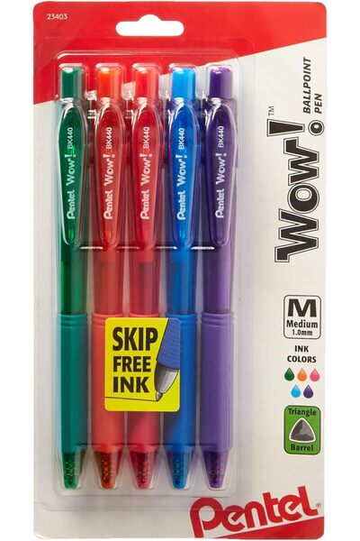 Pentel WOW! Colors Retractable Ballpoint Pen, Medium Line, Assorted Ink, 5 Pack