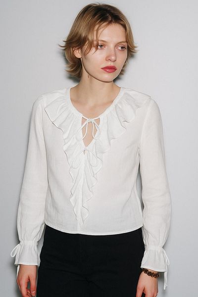 HAKKE Flounced Lace Detailed Long Sleeve Bluz