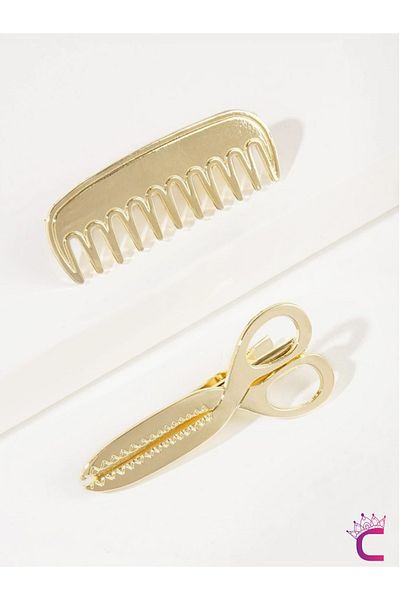 Cinderella Scissors and Comb Design Metal Gold Clip Buckle Set 5cm - Creative Y2K Clip Side Hair Clip