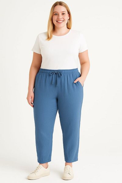 enmodaiçgiyim Blue Plus Size 100% Cotton Muslin Fabric Women's Trousers – Narrow Leg, Pockets, Comfortable Fit