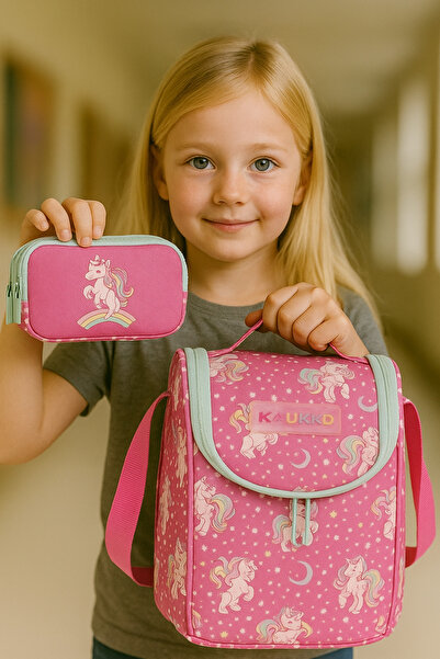 KAUKKO Simli Unicorn Thermo Beslenme Çantası ve Kalem Çantası