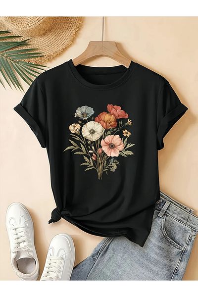 Pink Sky Unisex Cotton Black Oversize "Colorful Flower Bouquet" Printed Crew Neck Casual T-Shirt