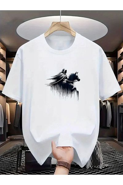 Pink Sky Unisex Cotton White Oversize "Warrior on Horseback" Printed Crew Neck Comfortable T-Shirt