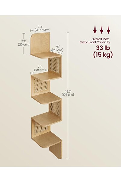 VASAGLE 5-Tier Floating Corner Shelf, Boho Style, 20x20x126 cm, Beige