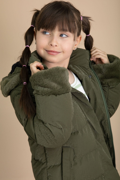 Cansın Mini Khaki Sleeve Fur Detailed Inside Wool Girls Hooded down Coat 21328
