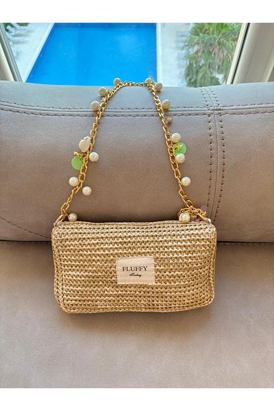 MUTE BAG Chain Pearl Straw Bag / Women's Straw Shoulder / Gold Adjustable Clip Chain Detail (25X15)