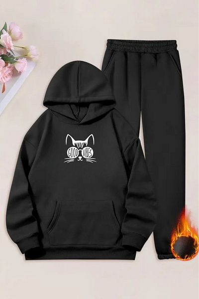 CLAYES Unisex Black Good Vibes Printed Tracksuit Hoodie - Winter Embossed Fabric