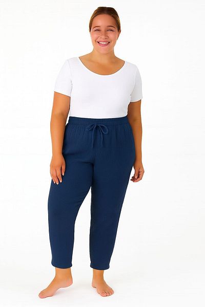 enmodaiçgiyim Navy Blue Large Size 100% Cotton Muslin Fabric Women's Trousers – Narrow Leg, Pockets, Comfortable Fit