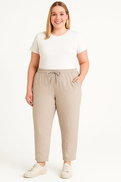 enmodaiçgiyim Stone Plus Size 100% Cotton Muslin Fabric Women's Trousers – Narrow Leg, Pockets, Comfortable Fit