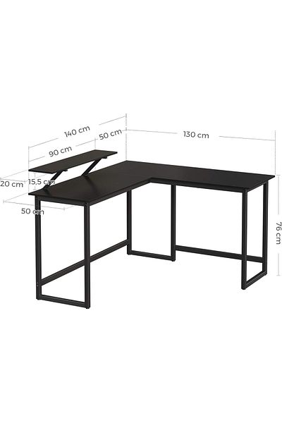 VASAGLE L-Shaped Desk with Monitor Stand, Metal Frame, 140x130x76cm, Black