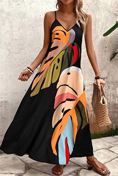 Mossta Rochie Maxi din jerseu cu bretele și imprimeu - Negru