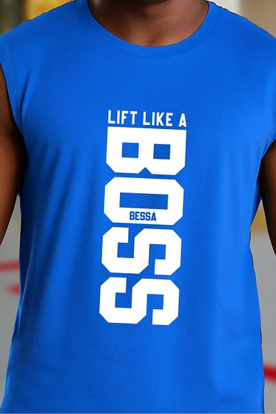 BESSA Blue Printed Sports Tank Top Crew Neck Cotton Sleeveless Tank Top Lift Like Men
