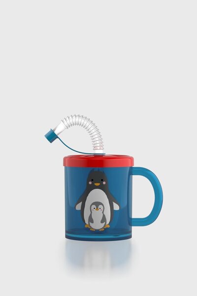 Renga Ruby Penguin Patterned 210 ml Pp Baby Cup with Straw and Handle 142003 Blue-Red