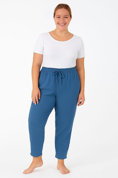 enmodaiçgiyim Blue Plus Size 100% Cotton Muslin Fabric Women's Trousers – Narrow Leg, Pockets, Comfortable Fit