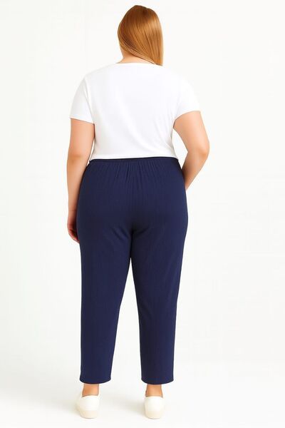 enmodaiçgiyim Γυναικείο παντελόνι Navy Blue Plus Size 100% βαμβακερό ύφασμα μουσελίνας – στενό πόδι, με τσέπες, άνετη εφαρμογή