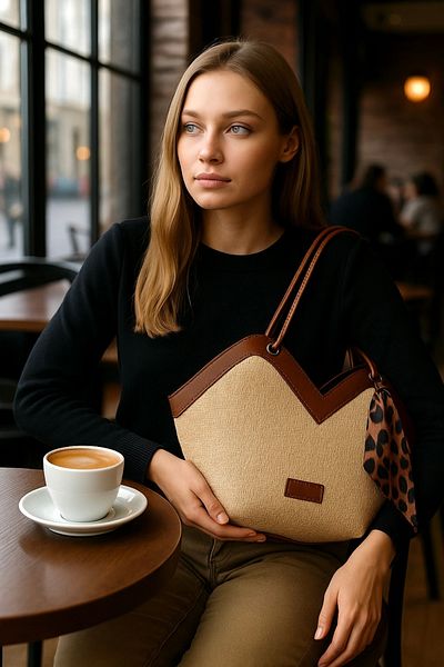 Handley Women's Special Design Straw Fabric Shoulder and Shoulder Bag with Leopard Scarf Detail