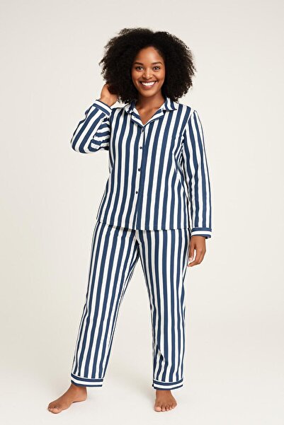 DÜVEN Önden Düğmeli Uzun Kollu Mavi Pamuklu Poplin Pijama Takımı - Gömlek Pantolon Alt Üst Takım