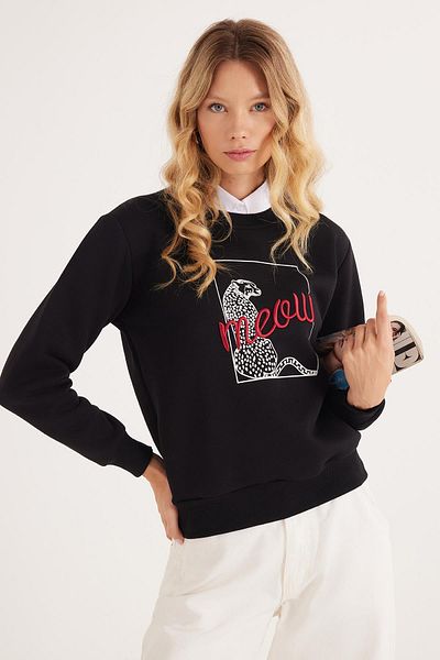 Tudors Women's Regular Fit Classic Cut 100% Cotton Printed Crew Neck Black Sweatshirt