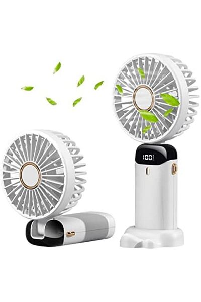 MACON Rechargeable Handheld Fan with 5 Speeds Digital Display and Foldable Stand Portable Cooling