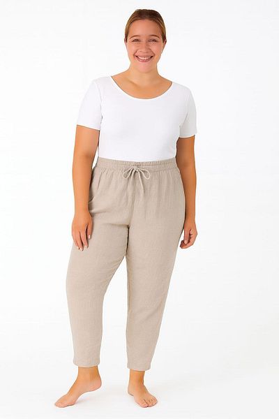 enmodaiçgiyim Stone Plus Size 100% Cotton Muslin Fabric Women's Trousers – Narrow Leg, Pockets, Comfortable Fit