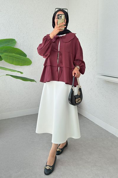 Salih Çelebi Balloon Sleeve Baby Collar Tunic 2370 - Claret Red