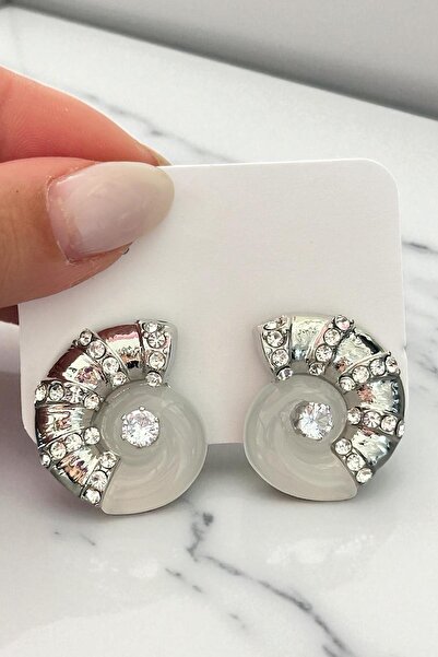 TAKIŞTIR Silver Color Seashell Figured Stone Detailed Earrings (Pair)