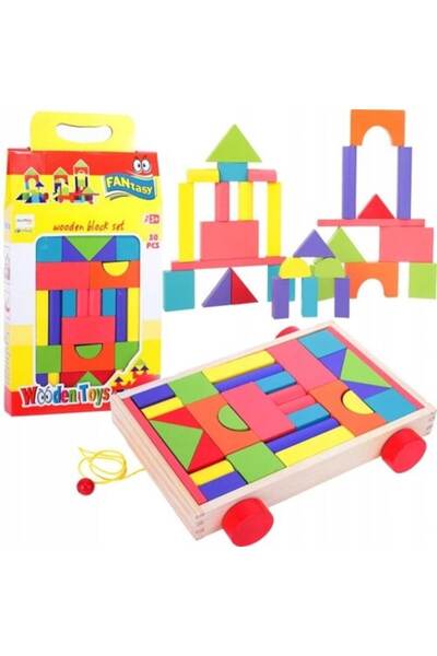 OEM Wooden Stroller Toy with Colorful Construction Blocks 30 Elements, Multicolor