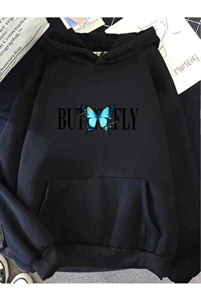 caddekombin Shiny Butterfly Printed Hooded Pocket Cotton Black Sweatshirt
