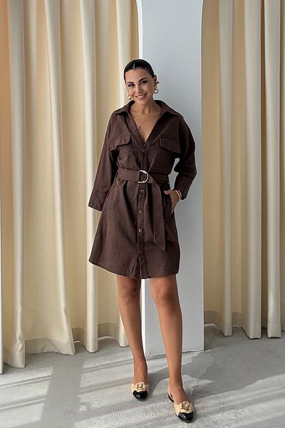 Seda Yalçın Atelier Brown Linen Belted Shirt Dress