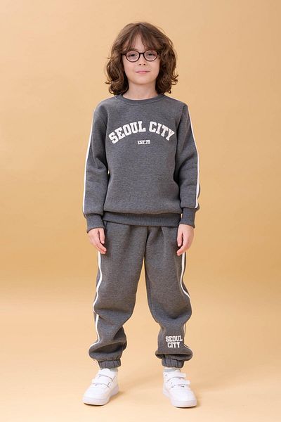 Perendi Boy's Appliqued Raised Crew Neck Double College Suit - Anthracite