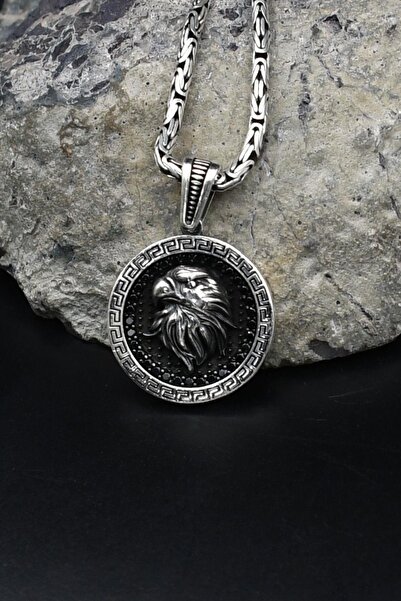 Prestige Grek Desenli Kartal Figürlü 925 Ayar Gümüş Kolye Kral Zincir 2Mm 902160