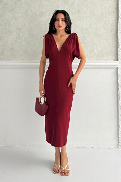 Serica Moda Μπορντό φόρεμα με αγκράφα V λαιμόκοψη