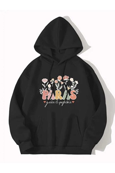 caddekombin Paras Flower Printed Hooded Pocket Cotton Black Sweatshirt