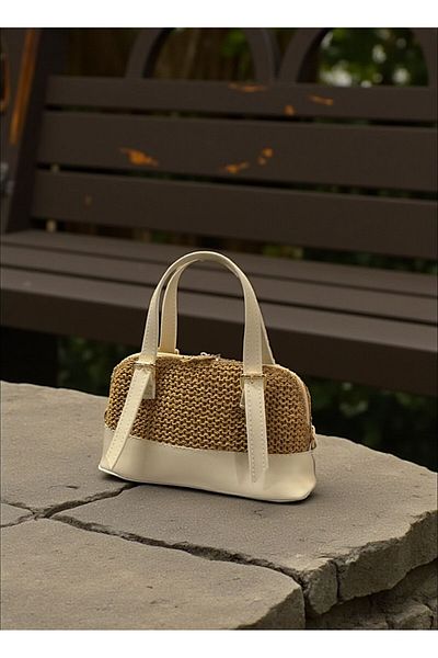 LEATHEROO Women's Brown Knitted Textured Special Design Cream Baguette Bag