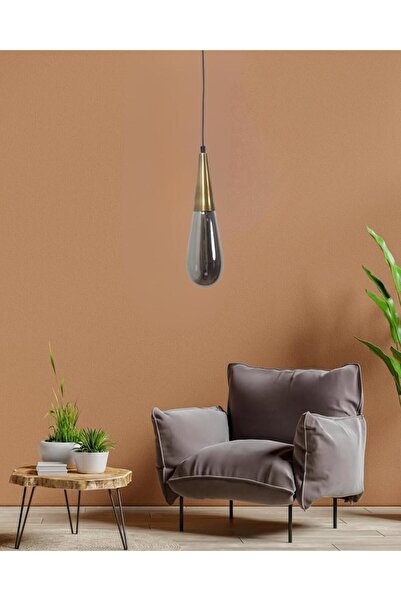 Fera Aydınlatma Damla Füme Cam Eskitme Metal Gövde Her Alana Uygun Lüks Dekoratif Tekli Sarkıt Avize
