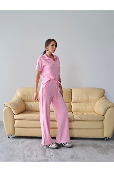 Paw Garage Women's Maribel Cotton Modal Fabric Polo Collar Blouse-Pants Two-Piece Bottom-Top Set, 4 Seasons Casual Set