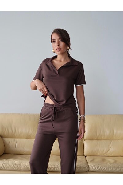 Paw Garage Γυναικείο σετ μπλούζας-παντελόνι με λαιμόκοψη πόλο από βαμβακερό ύφασμα Maribel, σετ δύο τεμαχίων, καθημερινό σετ 4 εποχών