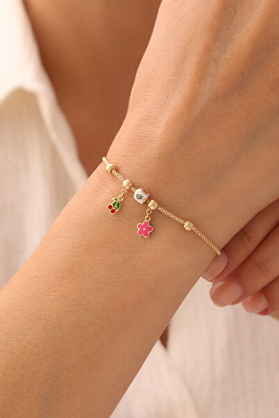 YAVUZ KUYUMCULUK 14 Ayar Altın Kiraz - Çiçek Çocuk Şans Bilekliği