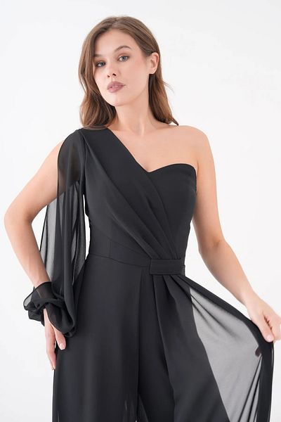 bayansepeti Women's Lined Black Chiffon Fabric Single Sleeve Design Belt Detailed Stylish Evening Dress Jumpsuit 1336