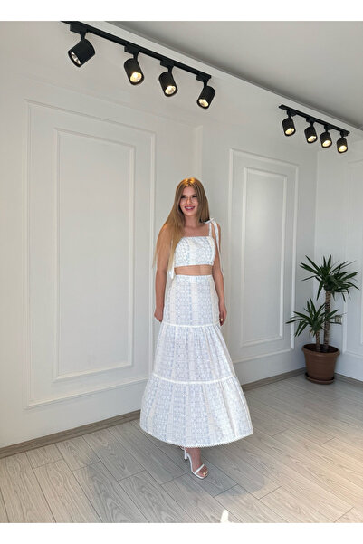 Store Stripe Lace Detailed Bow Tie Crop Top Skirt Set