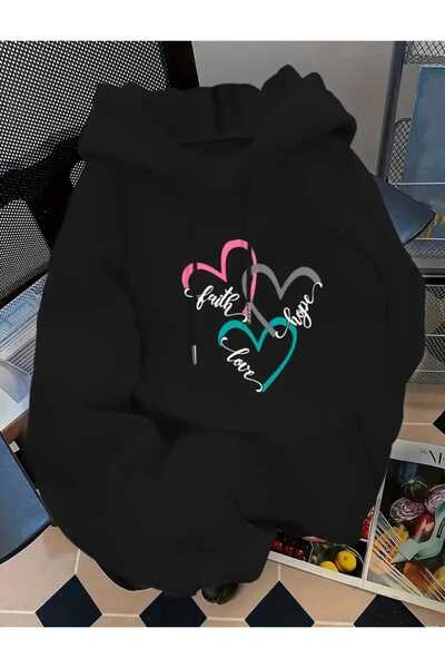 caddekombin Світшот з капюшоном, кишенями та написом «Faith Hope Love», з вовняною підкладкою, чорний