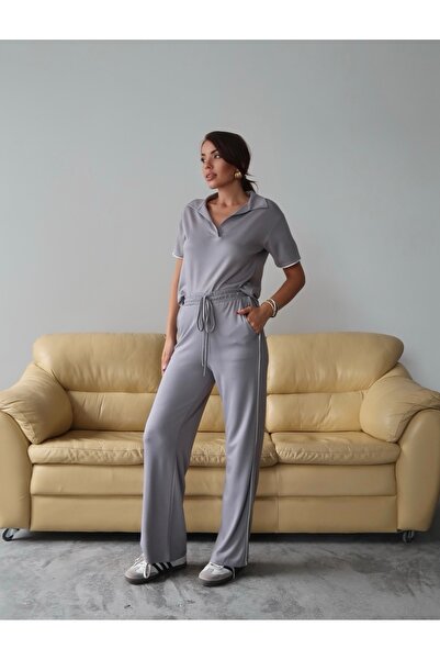 Paw Garage Women's Maribel Cotton Modal Fabric Polo Collar Blouse-Pants Two-Piece Bottom-Top Set, 4 Seasons Casual Set