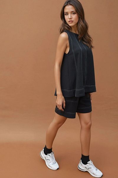Hiccup Denim Look Relaxed Cut Double Suit with Stitching Detail