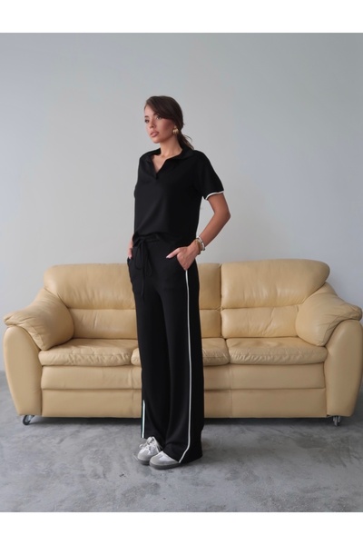 Paw Garage Women's Maribel Cotton Modal Fabric Polo Collar Blouse-Pants Two-Piece Bottom-Top Set, 4 Seasons Casual Set
