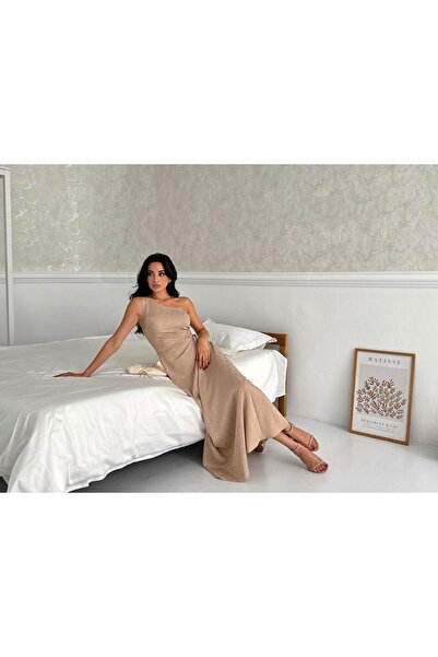 Serica Moda Rochie cu un singur umăr cu model de piatră și detaliu de fereastră