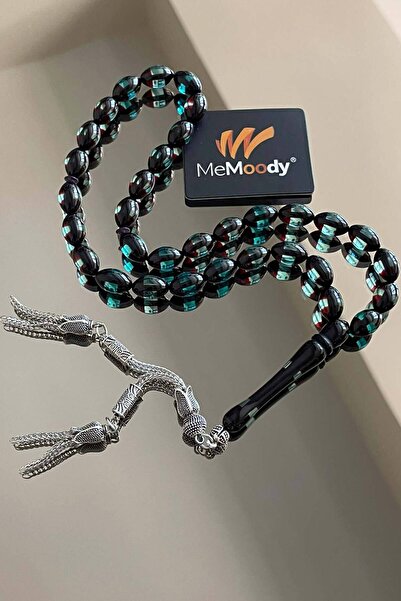 Memoody Alpaka Püsküllü Siyah/Turkuaz Hareli Sıkma Toz Kehribar Erkek Tesbih