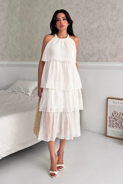 Serica Moda Ecru Ruffled Halter Neck Chiffon Midi Dress