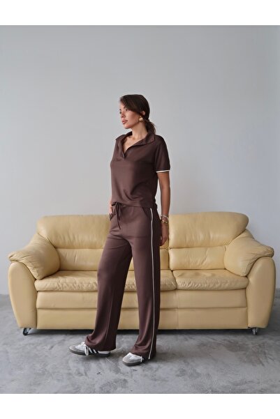 Paw Garage Γυναικείο σετ μπλούζας-παντελόνι με λαιμόκοψη πόλο από βαμβακερό ύφασμα Maribel, σετ δύο τεμαχίων, καθημερινό σετ 4 εποχών